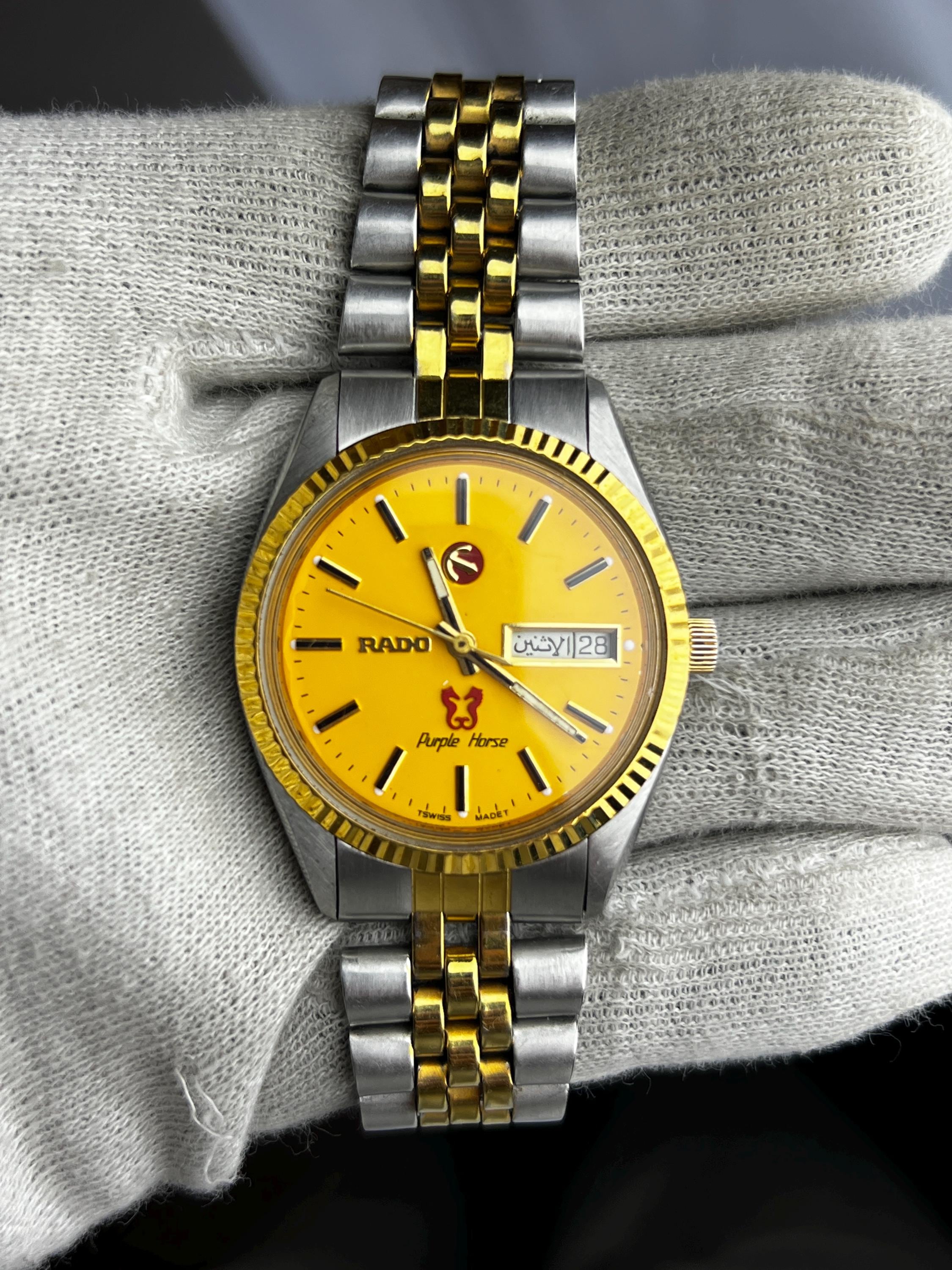 Vintage Rado Purple Horse Watch – Swiss Made, Yellow Dial Dress