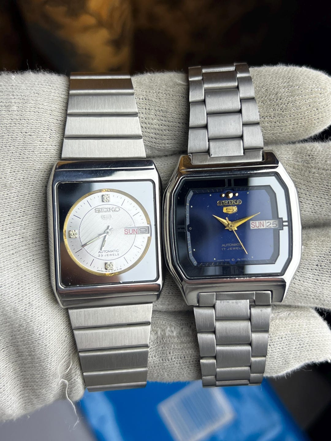 Vintage Seiko 5 Automatic Watches – Square TV Case, Blue & White Dials ...