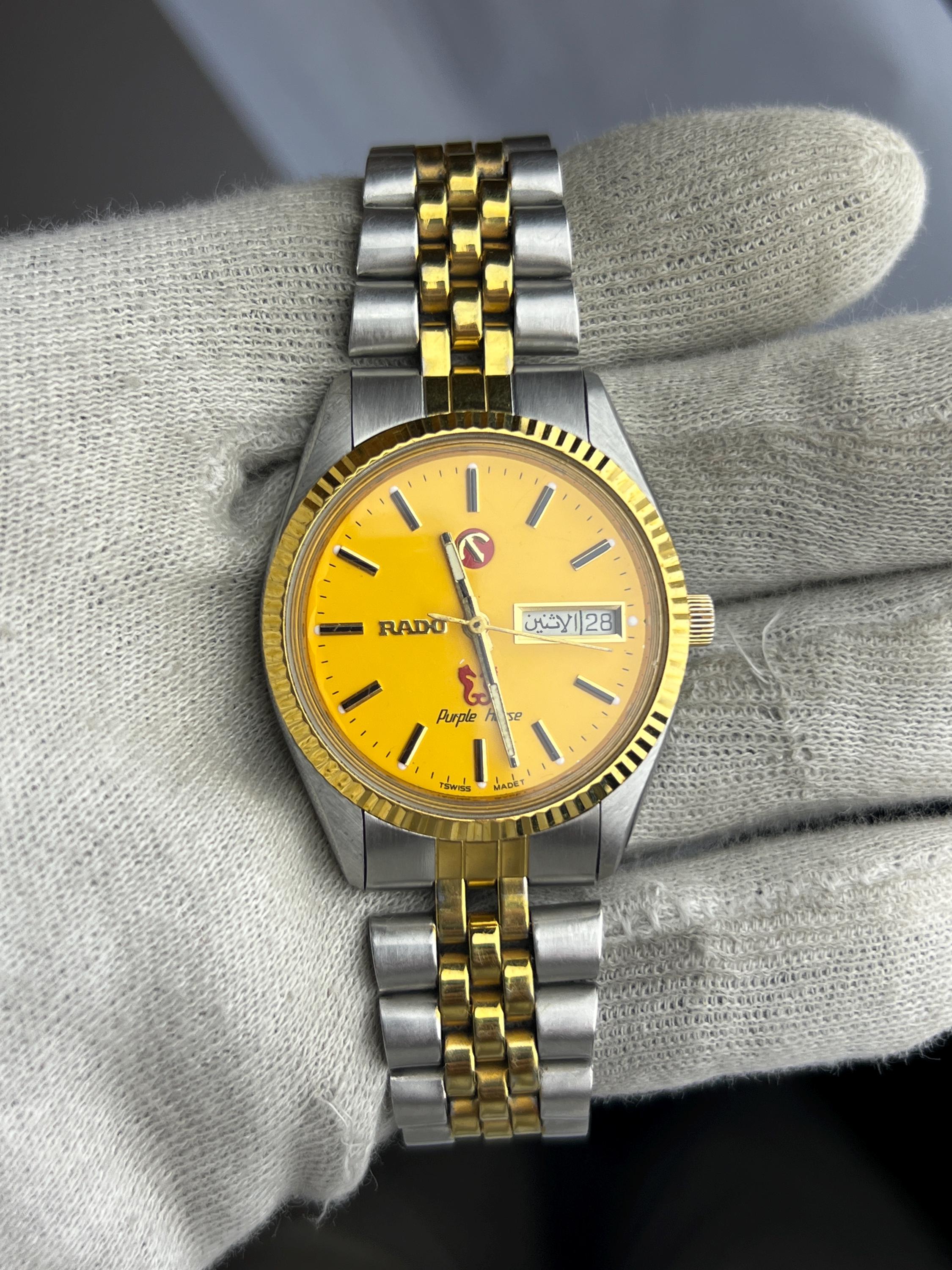 Vintage Rado Purple Horse Watch – Swiss Made, Yellow Dial Dress