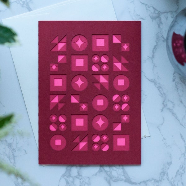 Red & fushcia Geometric Pattern Paper Cut Card | Laser Cut Card | Mid Century Modern Art | Greeting Card | Blank Card | Birthday Card