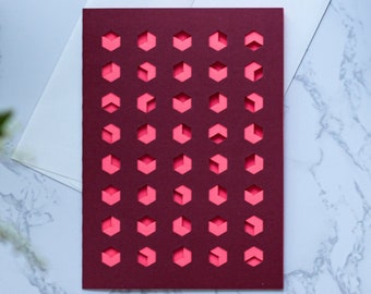 Red & Pink Geometric Hexagon Pattern Paper Cut Card | Laser Cut Card | Mid Century Modern Art | Greeting Card | Blank Card | Birthday Card