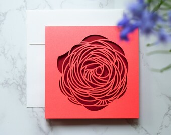 Rose Flower Laser Cut Greeting Card | Fuscia & Red Color | Give a Paper Flower card to someone you care about