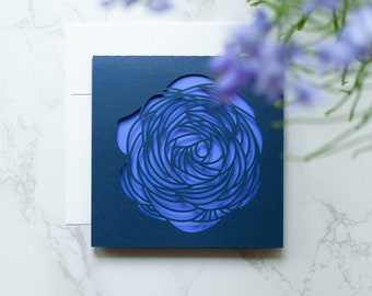 Rose Flower Laser Cut Greeting Card | Navy & Purple | Give a Paper Flower card to someone you care about