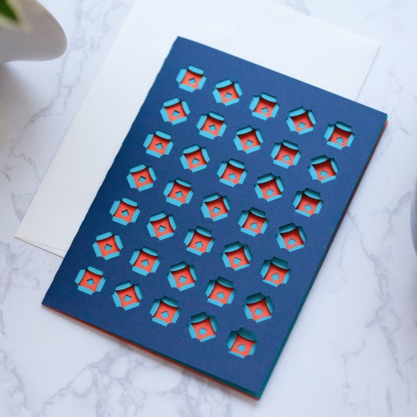 Geometric Coin Pattern Paper Cut Card in Navy | Laser Cut Card | Mid Century Modern Art | Greeting Card | Blank Card | Birthday Card