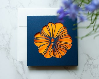 Cosmo Flower Laser Cut Greeting Card | Navy & Orange Yellow | Give a Paper Flower card to someone you care about
