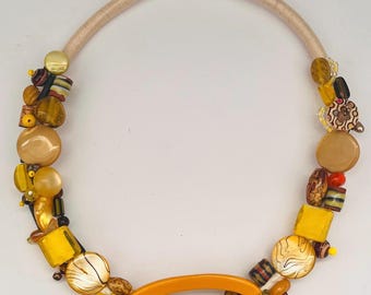 Handmade Yellow Statement Necklace – Artisan Beaded Necklace, Autumn Jewelry, One of a Kind Boho Neckla