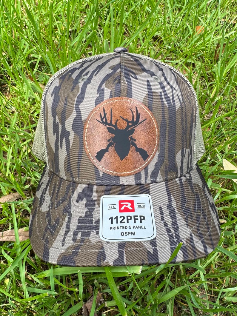 Bottomland camo Richardson hat | deer hunting | trucker | leather patch | gift | outdoor wear | mossy oak camo | whitetail deer | Buck | image 4
