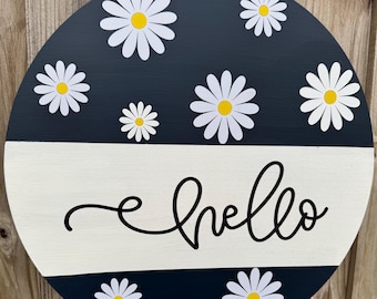 Navy daisy hello door sign | spring front door hanger | farmhouse floral welcome sign | round wooden decor | porch decor | gift