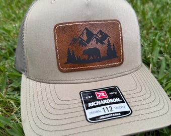 Wilderness bear trucker hat| Richardson 112 SnapBack | green loden | leather patch | cap | gift | outdoorsman | nountain | Grizzly | Hunting