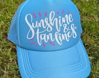 Sunshine and tan lines trucker hat | summer beach hat | vacation hat | mesh cap | blue cap | gift | lake hat | summer vibes