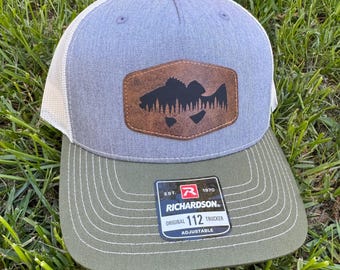 Richardson 112 Fishing Hat | Outdoors| leather  patch | fisherman | adjustable SnapBack cap | grey and green trucker | gift | bass | lake