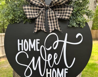 Home Sweet Home Door Sign | Farmhouse Front Door Hanger | Black Round Wooden Sign with Greenery & Bow | Rustic Home Decor | door hanger