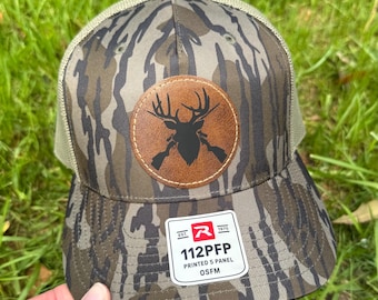 Bottomland camo Richardson hat | deer hunting  | trucker | leather patch | gift | outdoor wear | mossy oak camo | whitetail deer | Buck |
