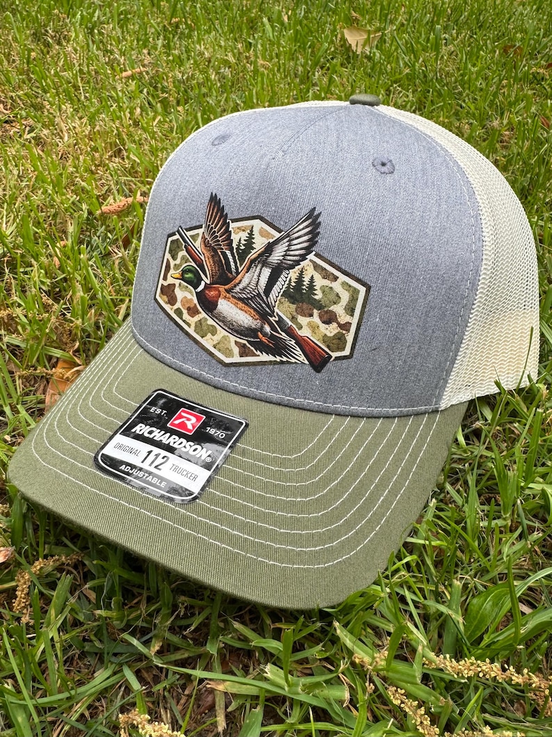 Mallard duck hunting Richardson 112 | outdoor waterfowl cap | adjustable snapback | hunting trucker hat | gift | 5 panel | drake | shotgun image 3