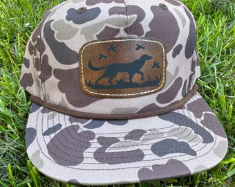 Richardson 256  Camo Hat with Leather Patch | Hunting Dog | Pointer  | Adjustable Snapback Trucker Cap | Gift | Hunting | Rope | Duck Print|