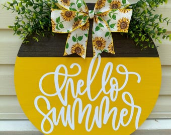 Hello summer sunflower door sign | summer door hanger | gift | wreath | bright yellow summer decor | front door wreath | farmhouse decor
