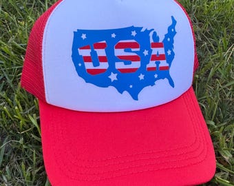 USA Trucker Hat| Red White & Blue Mesh Cap | American Flag Map Design | Adjustable Snapback | gift | 4th of July hat | Memorial Day hat