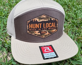 Hunt Local Richardson Flat Bill Snapback Hat | Hunting Trucker Cap | Outdoor Camo Patch Hat | Richardson 168 Mesh Back | Gift | 7 Panel |