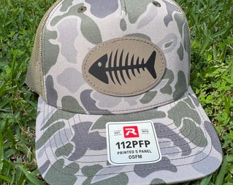 Richardson 112 Camo Fishing Hat | Fish Bone Patch Trucker Hat | Hunting Snapback Cap | Outdoor Hat for Men | Printed Camo Mesh Back Hat