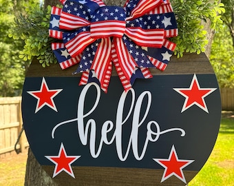 Red white and blue door hanger | hello front door sign | Labor Day | Memorial Day | summer sign | wreath | round front door sign | gift