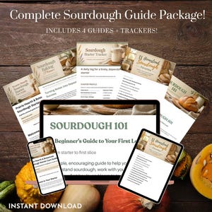 May include: A digital sourdough guide package featuring multiple printed documents and screens displaying Sourdough 101, Sourdough Starter Tracker, and 11 Homestead Sourdough Favorites. The guides include text, tables, and images of bread.