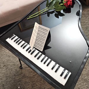 GRAND PIANO TABLE in Resin Keyboard Music Stand and Red Rose Tribute and Foldup Steel Hairpin Legs Coffee Table Accent Table Recital Gift