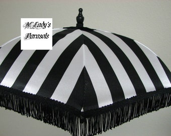 SEE SHOP NOTICE**   Victorian Parasol  Umbrella in Elegant Black and Pure White Stripe Satin and Black Fringe Sun Parasol Shower Sun Shade