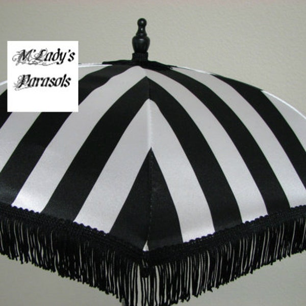 SEE SHOP NOTICE**   Victorian Parasol  Umbrella in Elegant Black and Pure White Stripe Satin and Black Fringe Sun Parasol Shower Sun Shade