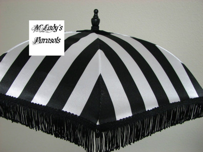 Vintage Style Parasols and Umbrellas VICTORIAN PARASOL Umbrella in Elegant Black and Pure White Stripe Satin and Black Fringe Sun Parasol Shower Sun Shade Steampunk Bridal Goth $79.00 AT vintagedancer.com