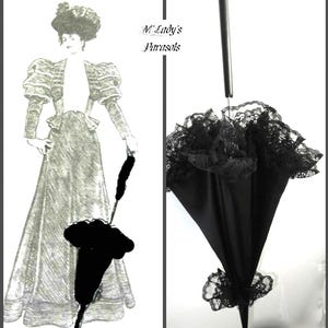 VICTORIAN WALKING STICK Parasol Umbrella in Elegant Black Satin with Lace Ruffle w/Long Handle Civil War Wedding Goth
