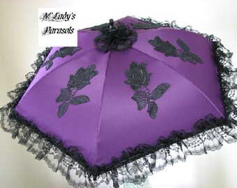 SEE SHOP NOTICE*** Victorian Parasol Umbrella in Your Choice Color Fabric with Embroidered Appliques and Black Lace Ruffle