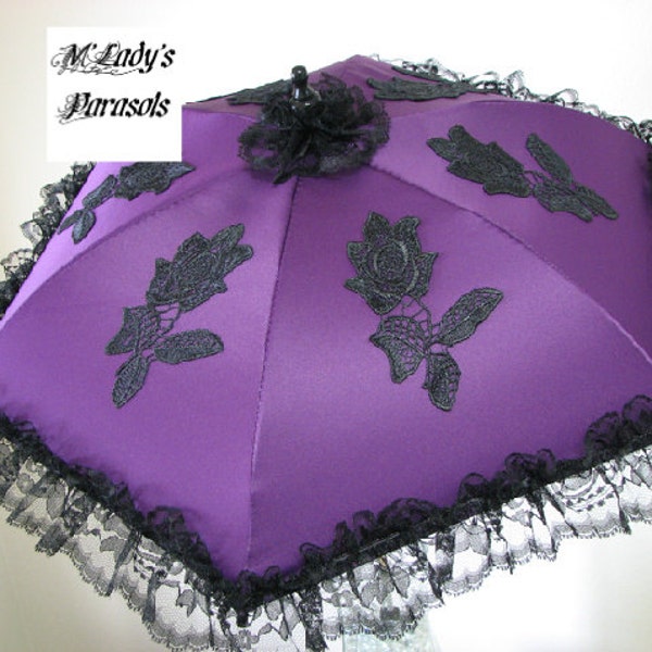 SEE SHOP NOTICE*** Victorian Parasol Umbrella in Your Choice Color Fabric with Embroidered Appliques and Black Lace Ruffle