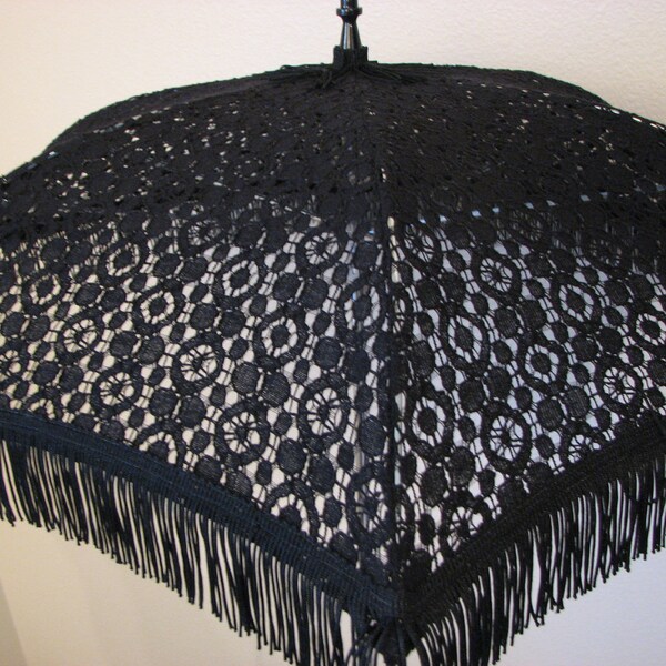 Victorian PARASOL in Black Embroidered Lace Accented with Black Fringe