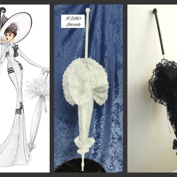 SEE SHOP NOTICE***  Victorian "Walking Stick Parasol" Umbrella in the Style of My Fair Lady in Your Choice Color Lace, Extravagant Ruffle,