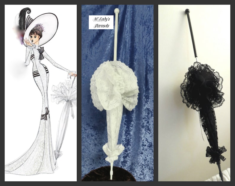 SEE SHOP NOTICE Victorian Walking Stick Parasol Umbrella in the Style of My Fair Lady in Your Choice Color Lace, Extravagant Ruffle, image 1