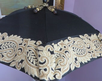 SEE SHOP NOTICE**   Victorian Parasol Umbrella in Black Satin and Elegant Wide Tan and Gold Trim with Beaded Tip   Second Line Reenactment