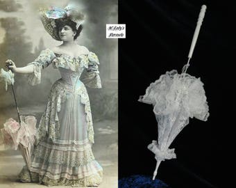 SEE SHOP NOTICE***  Victorian "Walking Stick Parasol" Umbrella in Your Choice Color Lace with Lace Ruffle and Long Handle Civil War Wedding