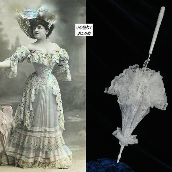 VOIR L'AVIS DE LA BOUTIQUE *** « parasol avec bâtons de marche » victorien dans la couleur de votre choix, dentelle avec volants en dentelle et long manche pour mariage de la guerre de Sécession