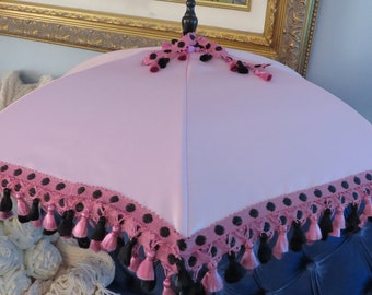 SEE SHOP NOTICE**   Victorian Parasol Umbrella in Pink satin Featuring Pink and Black Tassel Fringe Trim Bridal Reenactment Old West  Prom