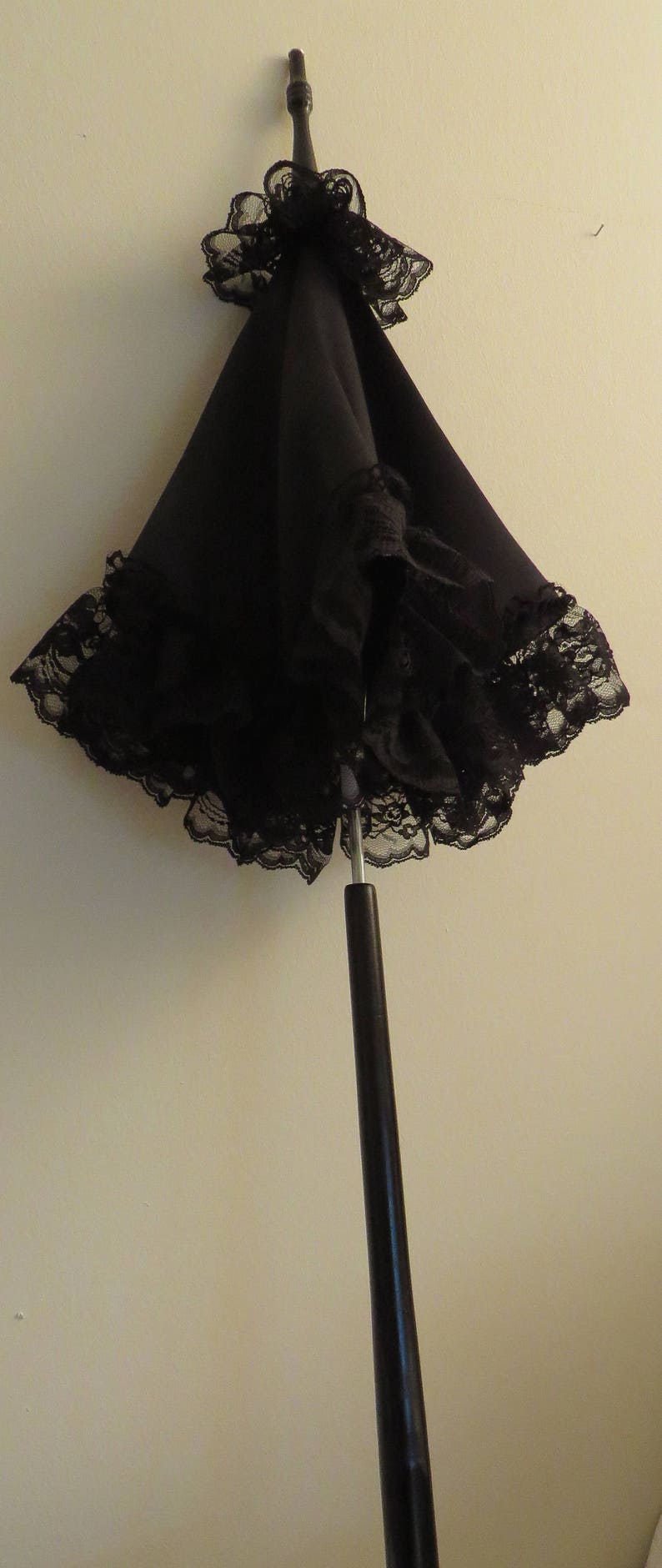 SEE SHOP NOTICE Victorian Walking Stick Parasol Umbrella in Elegant Black Satin with Lace Ruffle w/Long Handle Civil War Wedding Goth image 4