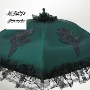 SEE SHOP NOTICE**   Victorian Parasol Umbrella in Deep Green Satin with Embroidered Appliques and Black Lace Ruffle Sun Shade Renaissance