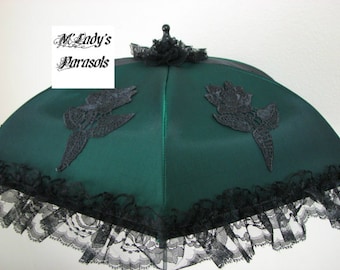 SEE SHOP NOTICE**   Victorian Parasol Umbrella in Deep Green Satin with Embroidered Appliques and Black Lace Ruffle Sun Shade Renaissance