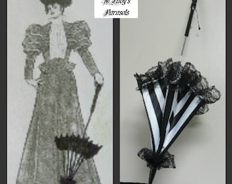 SEE SHOP NOTICE***  Victorian "Walking Stick Parasol" Umbrella in Elegant Black and White Stripe Satin with Lace Ruffle  Handle Civil War
