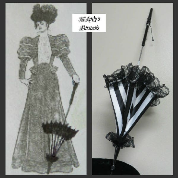 SEE SHOP NOTICE***  Victorian "Walking Stick Parasol" Umbrella in Elegant Black and White Stripe Satin with Lace Ruffle  Handle Civil War