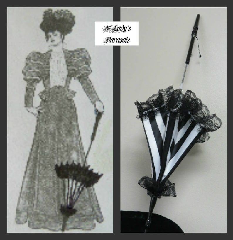 SEE SHOP NOTICE Victorian Walking Stick Parasol Umbrella in Elegant Black and White Stripe Satin with Lace Ruffle Handle Civil War image 1