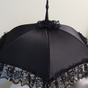 SEE SHOP NOTICE Victorian Walking Stick Parasol Umbrella in Elegant Black Satin with Lace Ruffle w/Long Handle Civil War Wedding Goth image 2