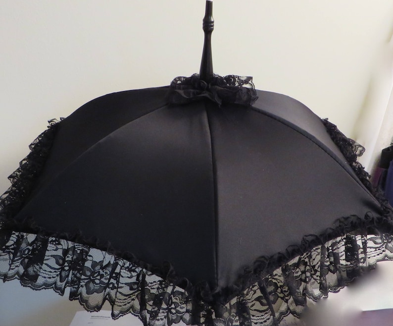 SEE SHOP NOTICE Victorian Walking Stick Parasol Umbrella in Elegant Black Satin with Lace Ruffle w/Long Handle Civil War Wedding Goth image 2