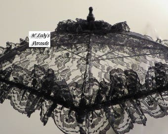 SEE SHOP NOTICE**   Victorian Parasol Umbrella in Embroidered Black Lace Embellished with Layers of Ruffles Bridal Civil War Mourning