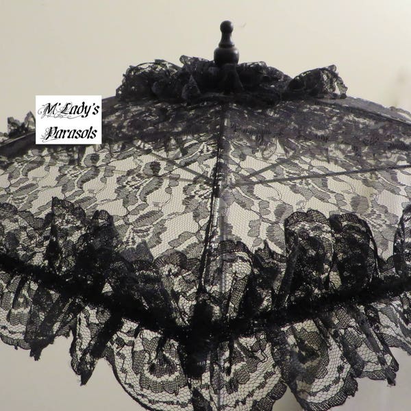 SEE SHOP NOTICE**   Victorian Parasol Umbrella in Embroidered Black Lace Embellished with Layers of Ruffles Bridal Civil War Mourning