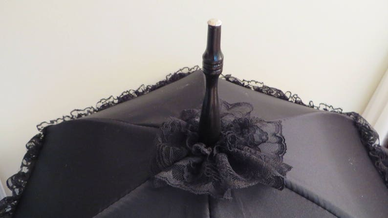 SEE SHOP NOTICE Victorian Walking Stick Parasol Umbrella in Elegant Black Satin with Lace Ruffle w/Long Handle Civil War Wedding Goth image 3